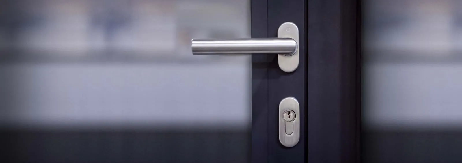Close-up of a stainless lever handle on a dark aluminium door