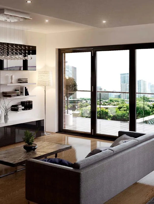 Black aluminium bi-fold doors in a living room