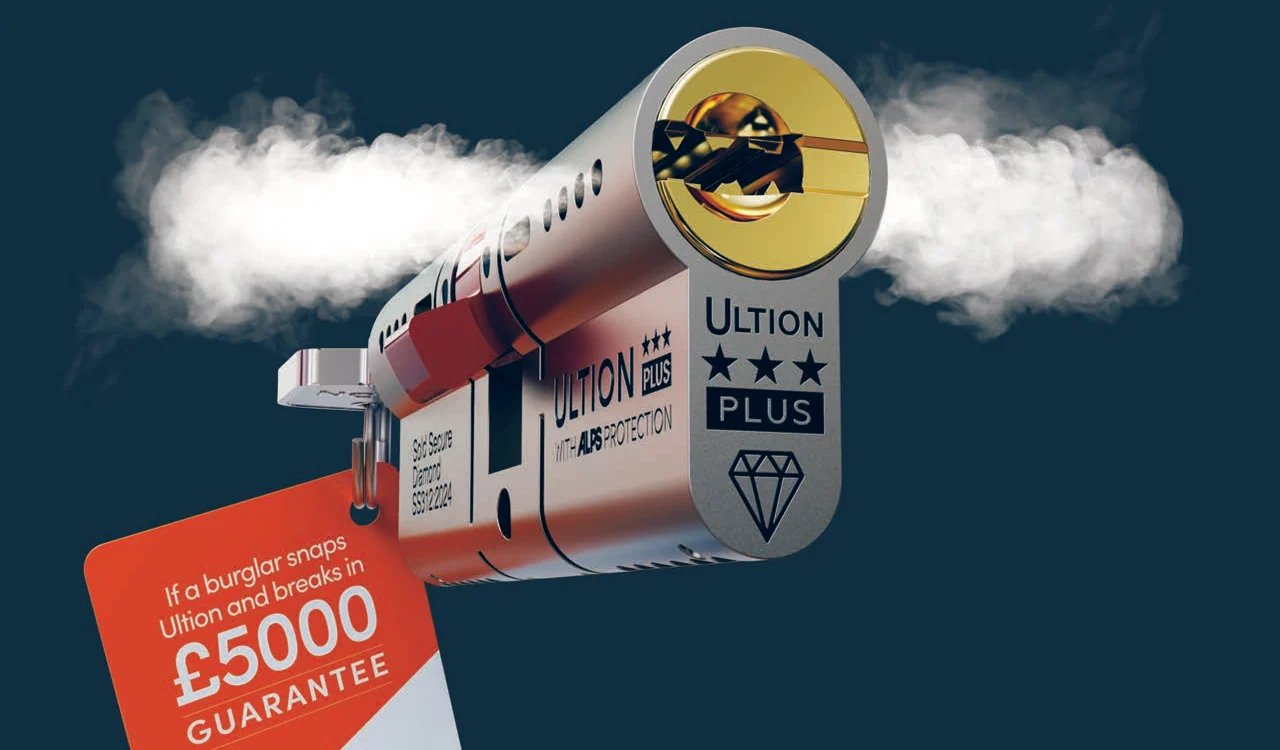 Ultion 3 Star Plus with ALPS protection cylinder with its thermal exhaust ports, and Ultion's tag: if a burglar snaps Ultion and breaks in, £5000 guarantee